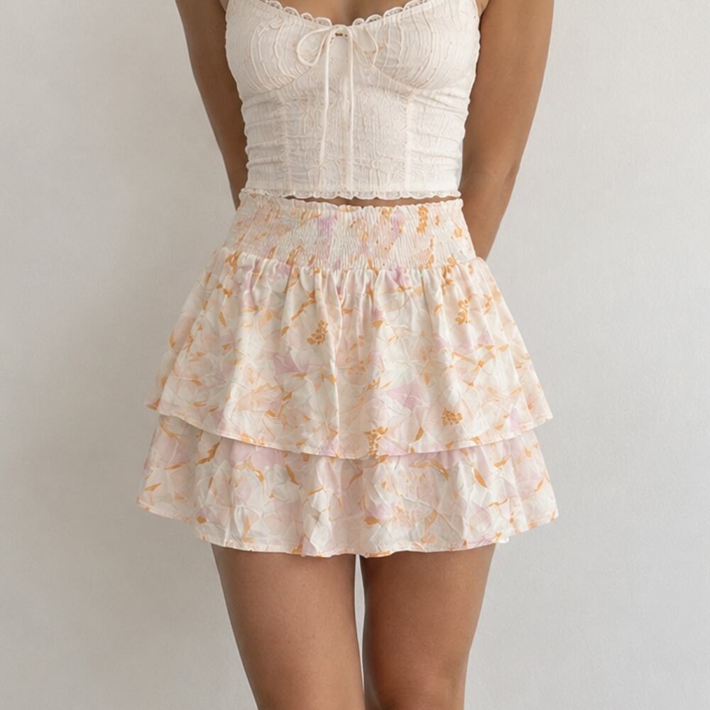 Saltwater Luxe Floral Tiered Mini Skirt Size Small Smocked Waist Boho